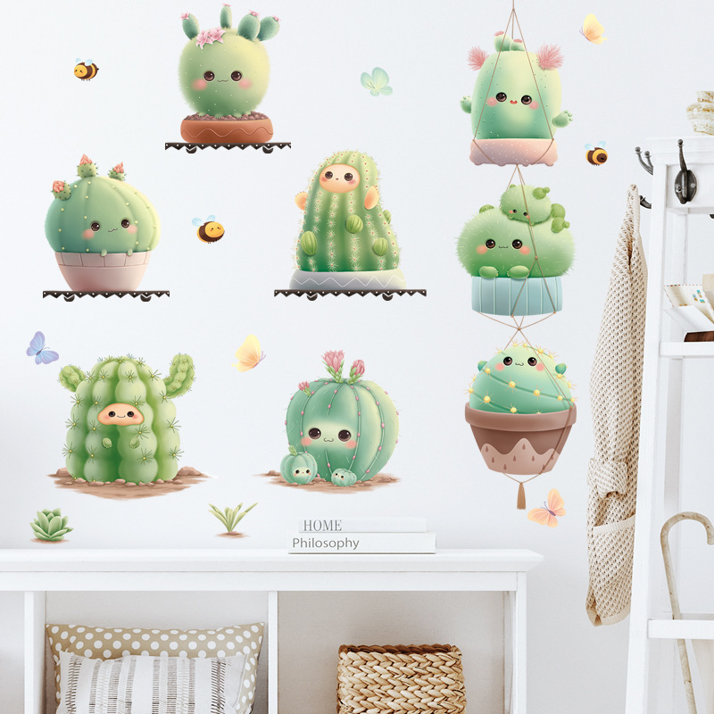 Potted Sprite Wall Sticker Cartoon Cute Cactus Decals  Living Room Decorative Wallpaper