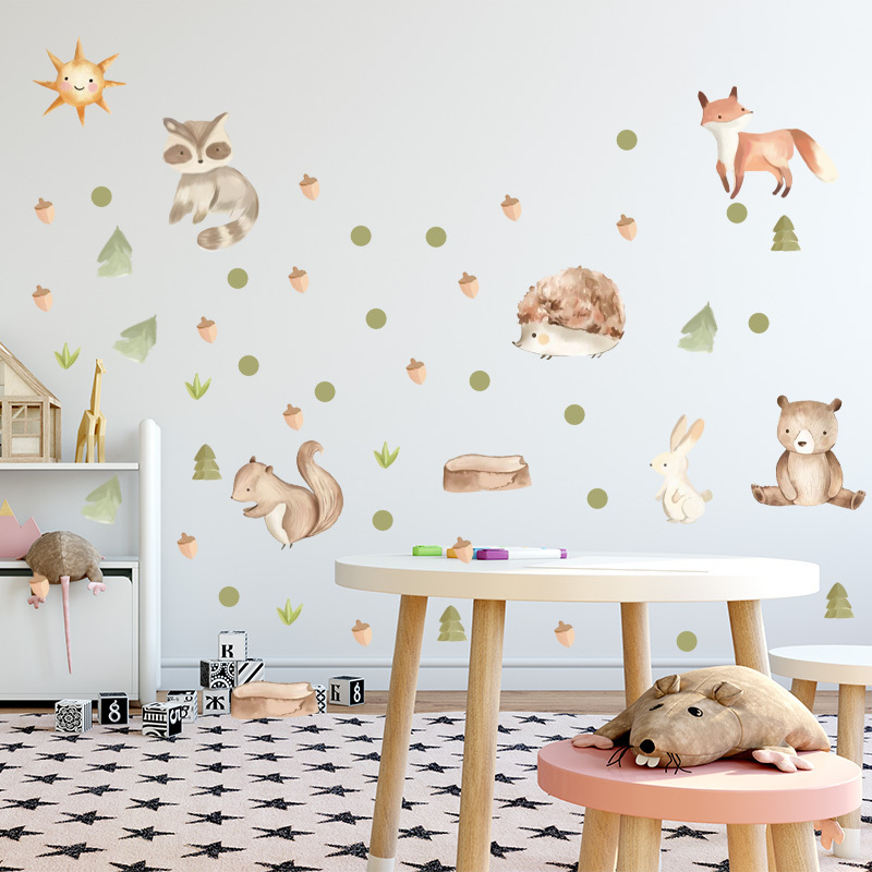 Cute Forest Animals Wall Sticker Cartoon Fox Bear Squirrel Hedgehog Wallpaper For Kid's Bedroom Kindergarten Creative Wall Decal