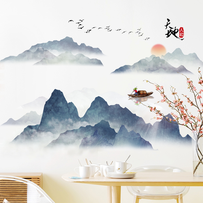 China Style Distant Mountain And Water Landscape Wallpaper Home Decor Wall Sticker For Living Room Bedroom Office Wall Decal