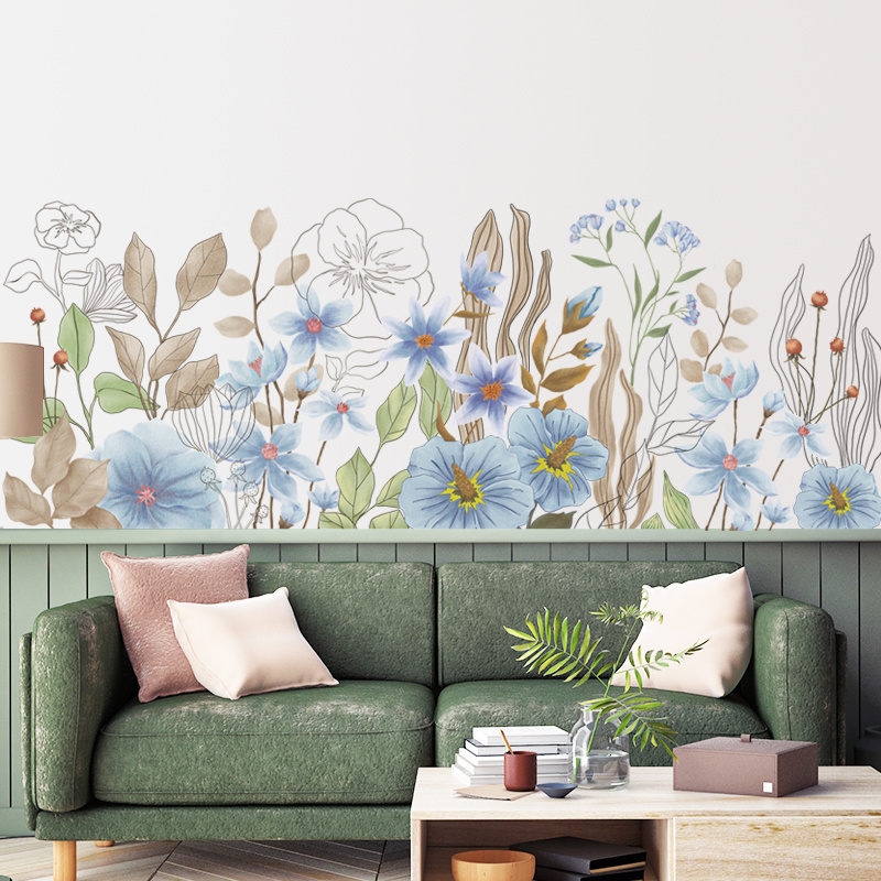 Blue Flowers With Brown Leaves Wall Mural Plants Wallpaper For Women Living Room Bedroom Stickers TV Sofa Background Wall Decal