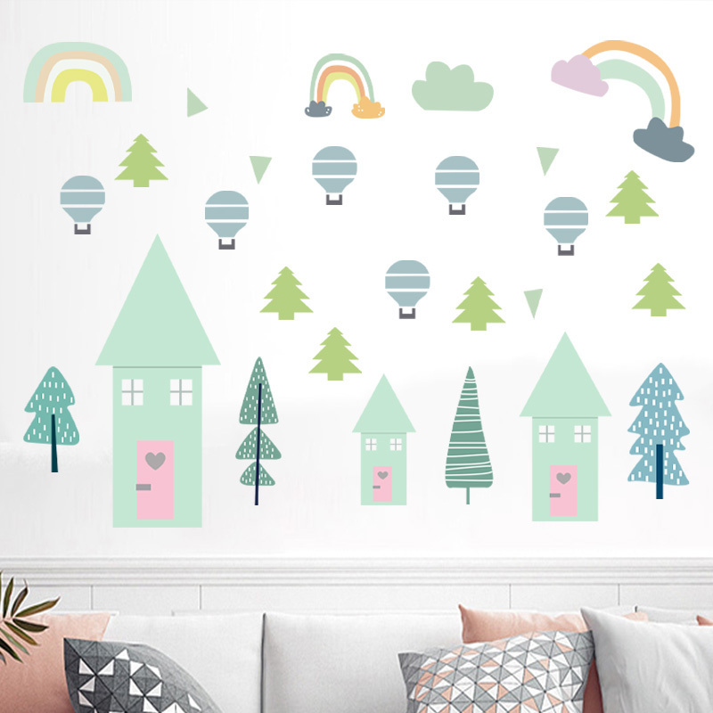 Green Hot Air Balloons Tree Wallpaper Colorful Rainbow Sticker Creative Kid's Bedroom Wall Decal Children's Home Decor