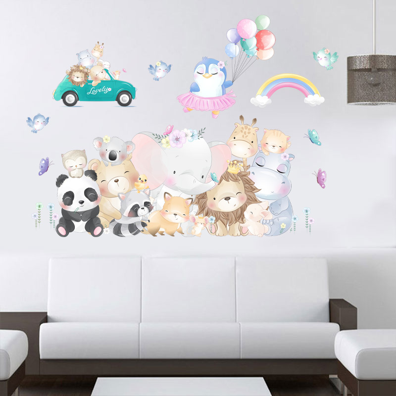 Cartoon Jungle Animals Sticker Creative Bedroom Wallpaper For Kid Living Room Decorative Decal Self Adhesive TV Background Mural