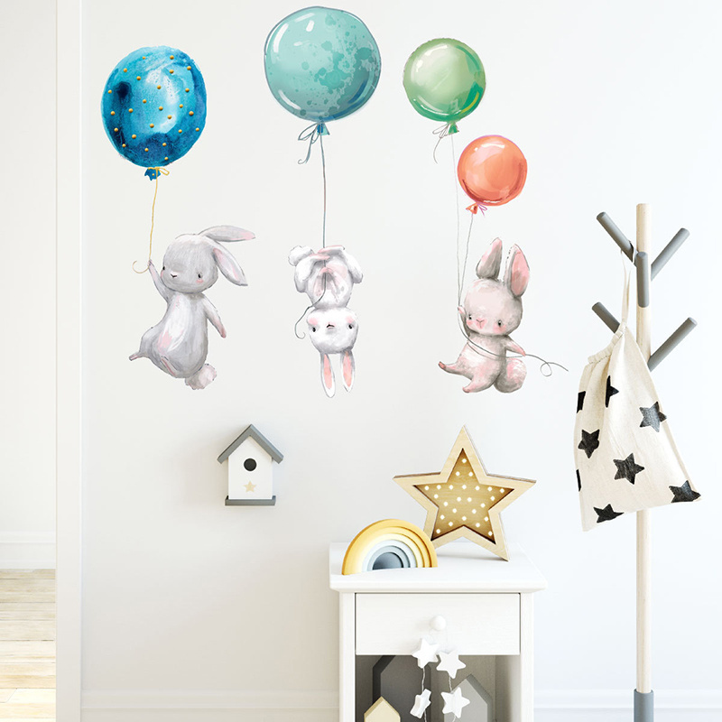 Cute Bunny Colorful Balloons Stickers For Room Wall New Design Kid's Bedroom Wall Decals Removable Living Room Wallpaper