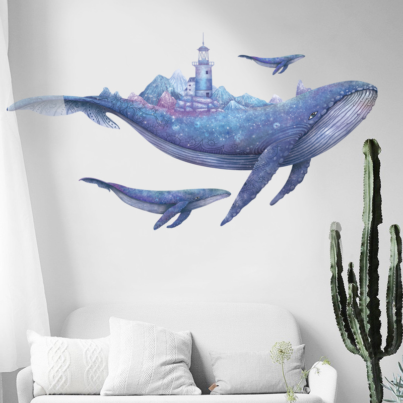 Cartoon Blue Whale Wall Stickers Deep-sea Fish Wallpaper lighthouse Sticker Home Decoration For Living Room Bedroom Wall Decal