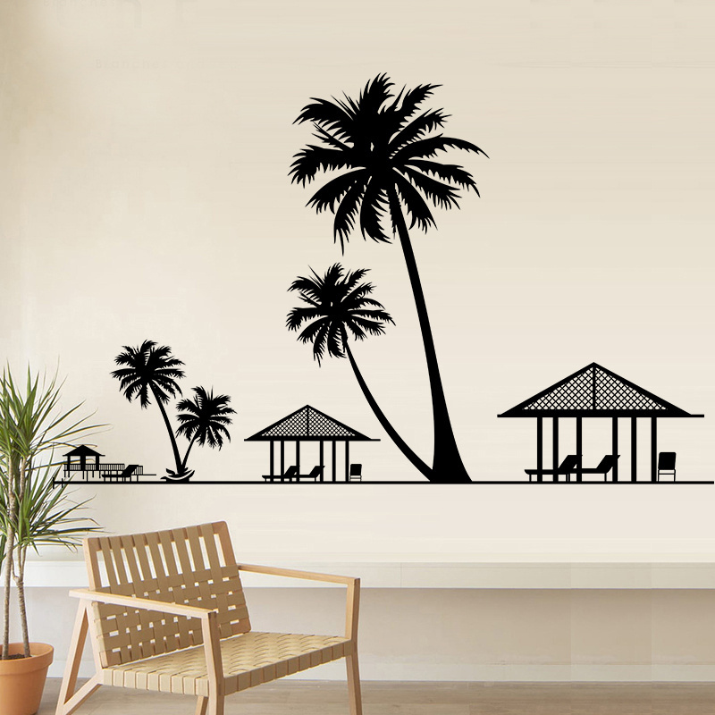 Seaside Resort Wall Sticker Beach Coconut Trees Wallpaper Creative Bedroom Decals Living Room Decorative Murals