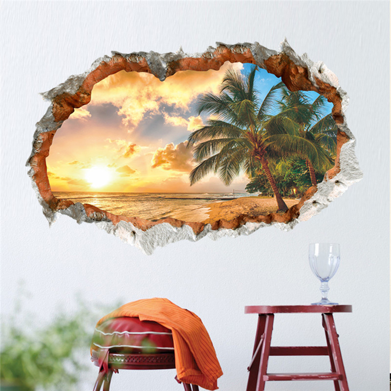 3D Broken Wall Stickers Sand Beach Setting Sun Coconut Tree Wallpaper For Bedroom Removable TV background Home Decor Decals