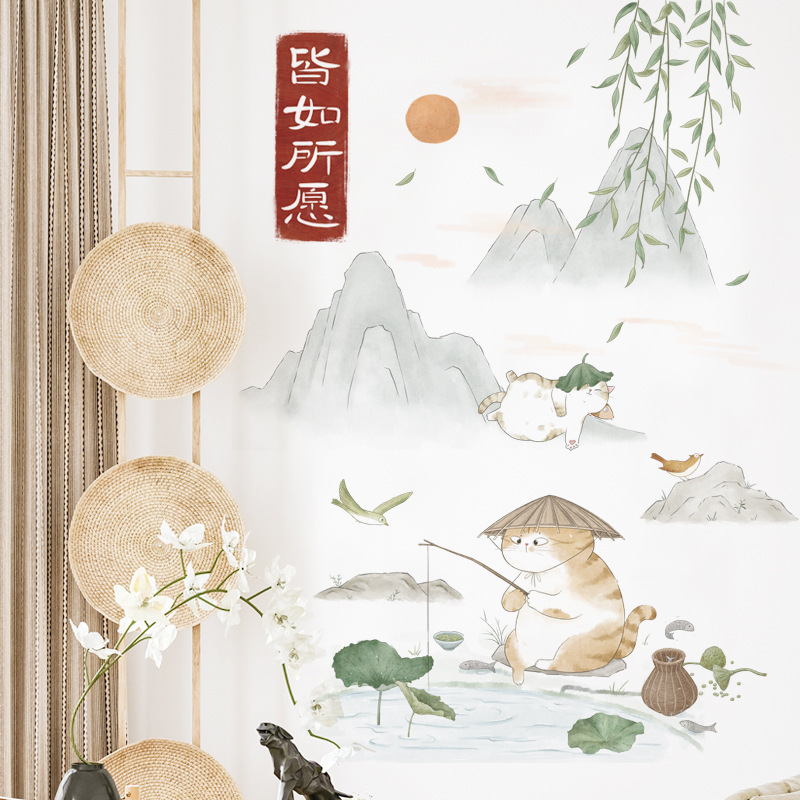 Fresh and beautiful Mountain Water Painting Wall Sticker Cartoon cute cat Decals  Living Room Decorative Wallpaper