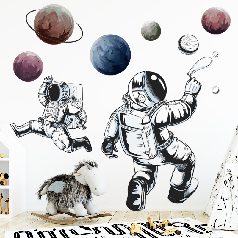 Cartoon Astronaut Wallpapers Spacewalk Planet Wall Stickers Home Decoration For Kids Living Room Sticker Bedroom Wall Decal