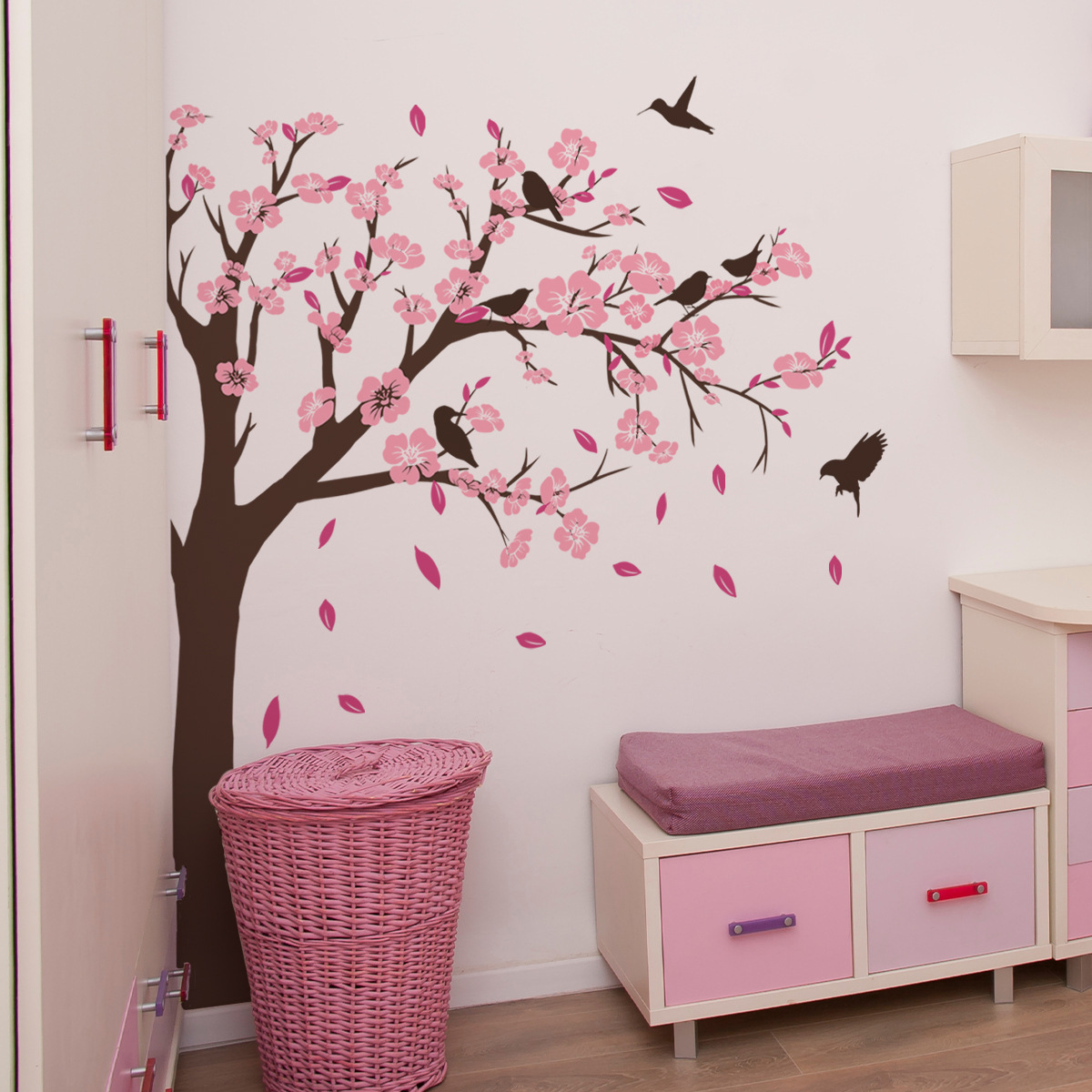 Peach Blossom Tree Swallow Wall Sticker Falling Peach Blossoms Decals Living Room Decorative Wallpaper