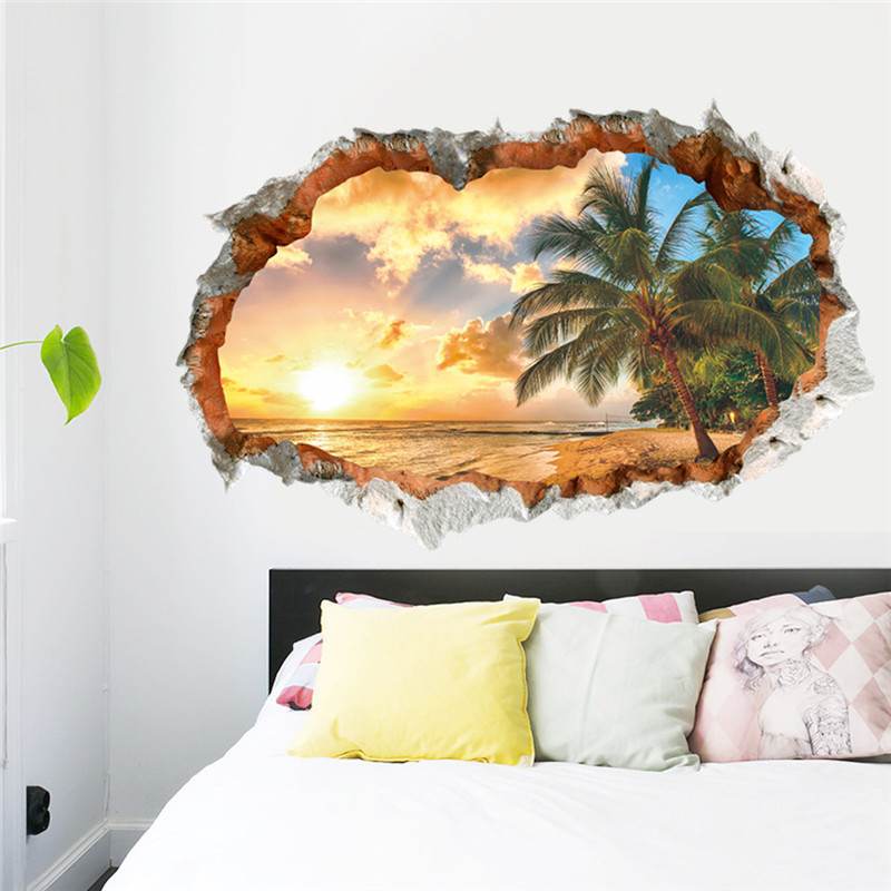 3D Broken Wall Stickers Sand Beach Setting Sun Coconut Tree Wallpaper For Bedroom Removable TV background Home Decor Decals