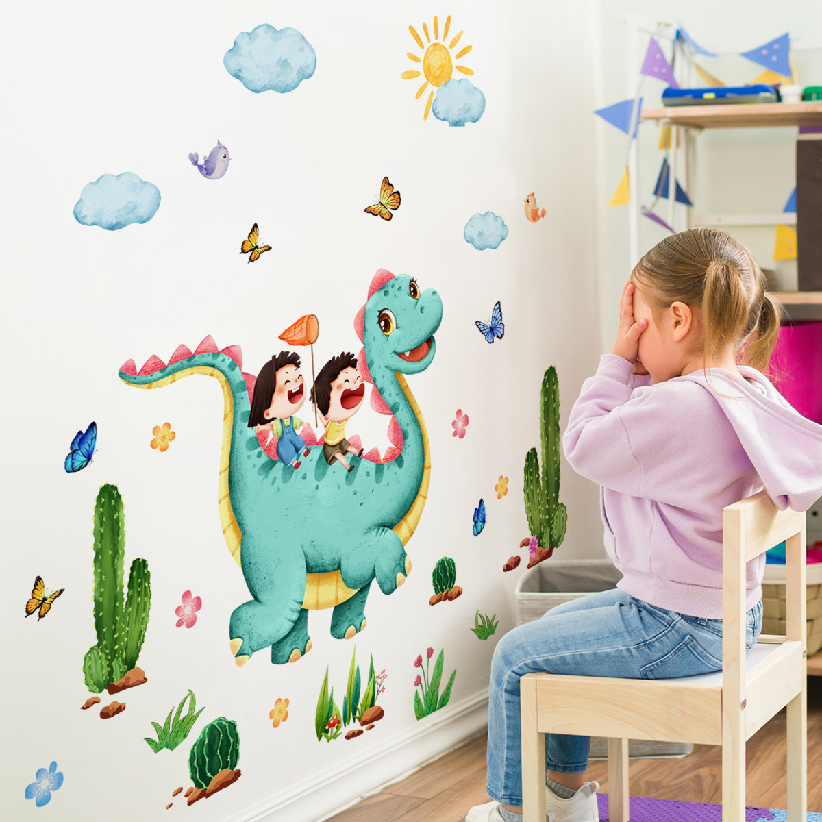 Dinosaur Cactus Clouds Wall Sticker Self-adhesive And Removable Wallpaper For Kids Room