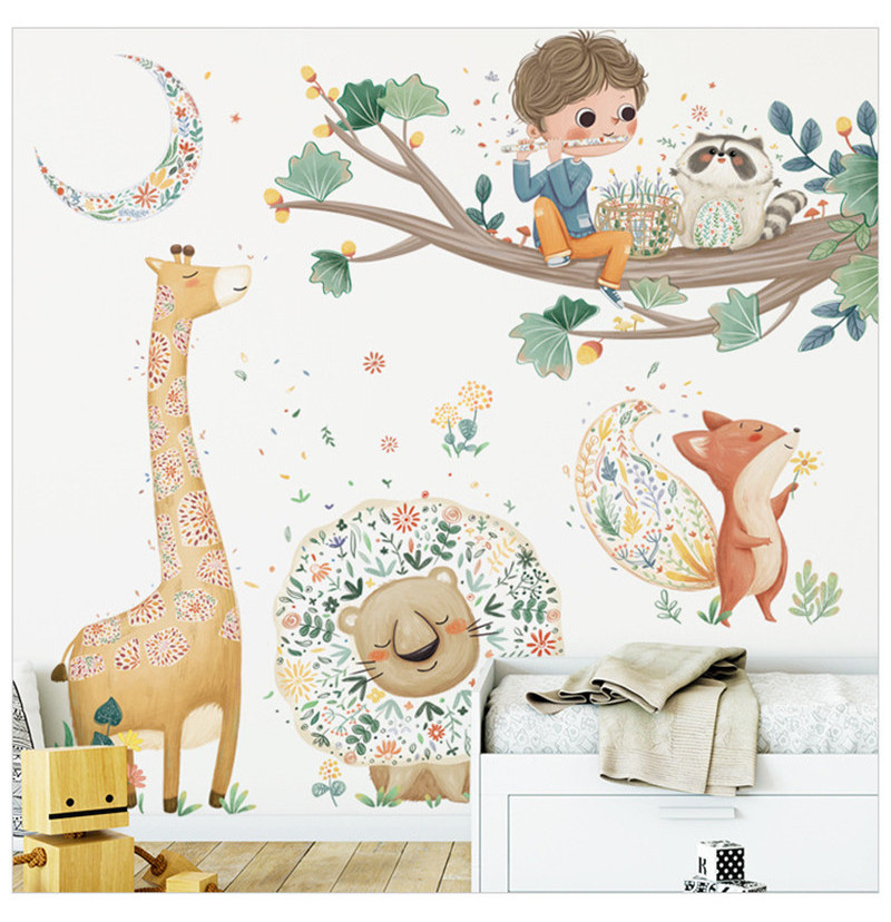 Cute Boy With Giraffe Fox Lion Wallpaper Removable Kid's Bedroom Decoration Children's Living Room Stickers Cartoon Home Decor