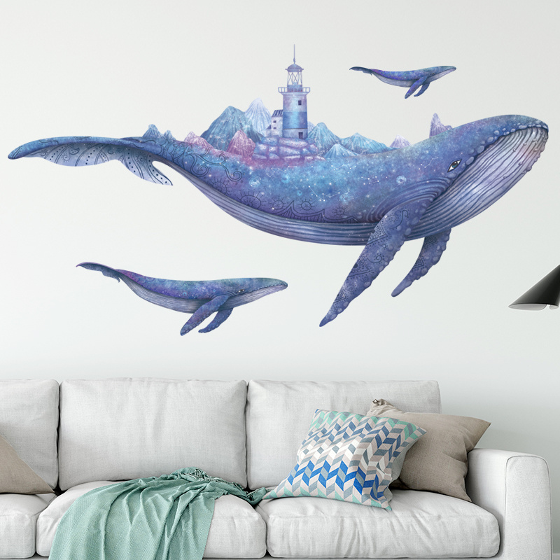 Cartoon Blue Whale Wall Stickers Deep-sea Fish Wallpaper lighthouse Sticker Home Decoration For Living Room Bedroom Wall Decal