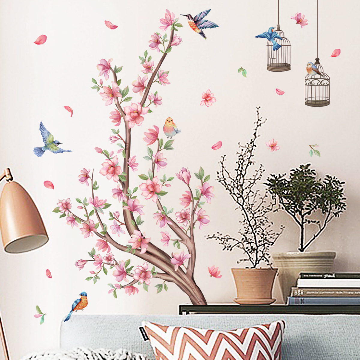 Peach Blossom Branch Bird Cage Wall Sticker Peach Blossoms Falling from Birds Decals Living Room Decorative Wallpaper