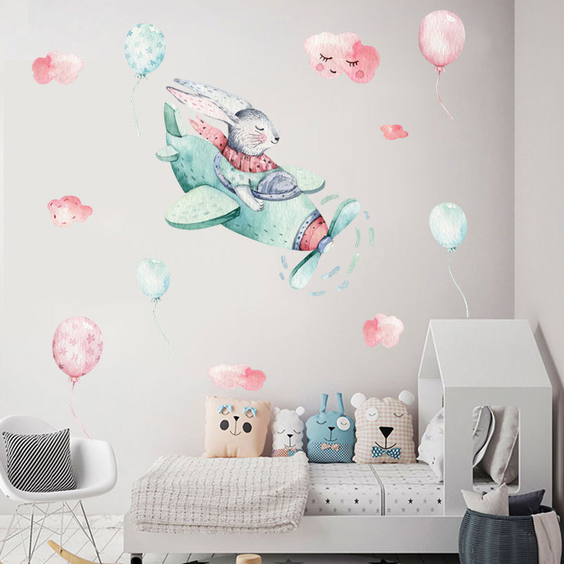 Cartoon Rabbit In Airplane Wall Decal Sleeping Rabbits On Moon Wallpaper Kid's Bedroom Mural Children's Room Decorative Sticker