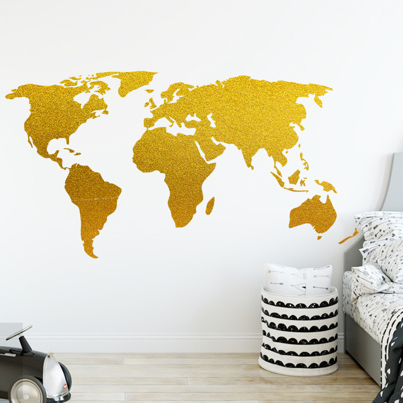 Gold World Map Wall Stickers Seven Continents Wallpaper For Kid's Bedroom Living Room Modern Style Home Decor Wall Decal