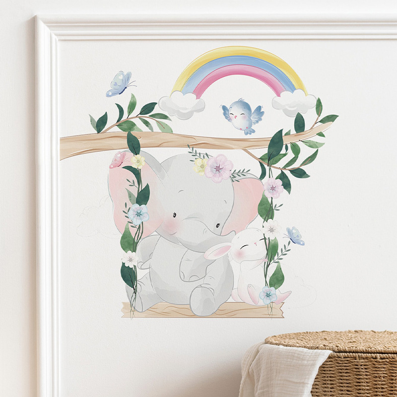 Rainbow elephant bunny swing PVC wall stickers Children's room living room decoration self-adhesive stickers cartoon wallpaper