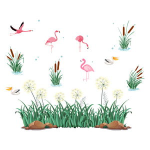 Hot Sale Pink Flamingo Stickers Green Grass Wallpaper Creative TV Background Decorative Decals Kid's Bedroom Wall Mural