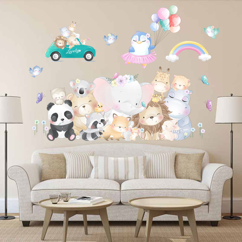 Cartoon Jungle Animals Sticker Creative Bedroom Wallpaper For Kid Living Room Decorative Decal Self Adhesive TV Background Mural