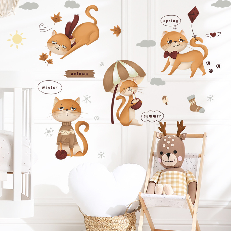 Cartoon Cats Wall Sticker Spring Summer Autumn Winter Decals Bedroom Murals Creative Living Room Decorative Wallpaper