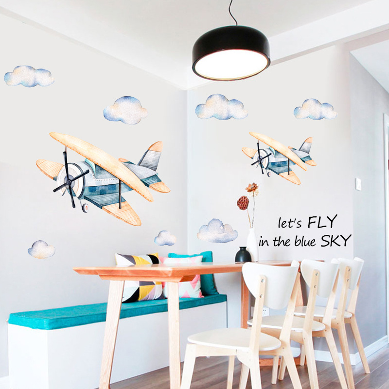 Cartoon Small Airplane Wall Sticker Cute White Cloud Wallpaper Let's Fly in The Blue Sky Wall Decal For Kid's Living Room Decor