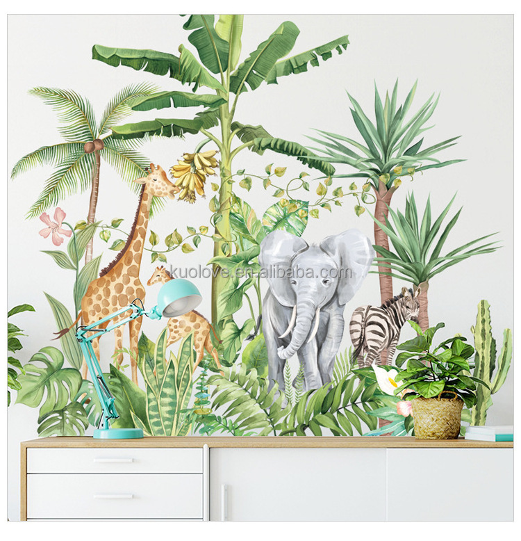 Green Tropical Plant Stickers Cartoon Elephant Giraffe Zebra Wallpaper For Kid's Bedroom Living Room Decorative Wall Decal