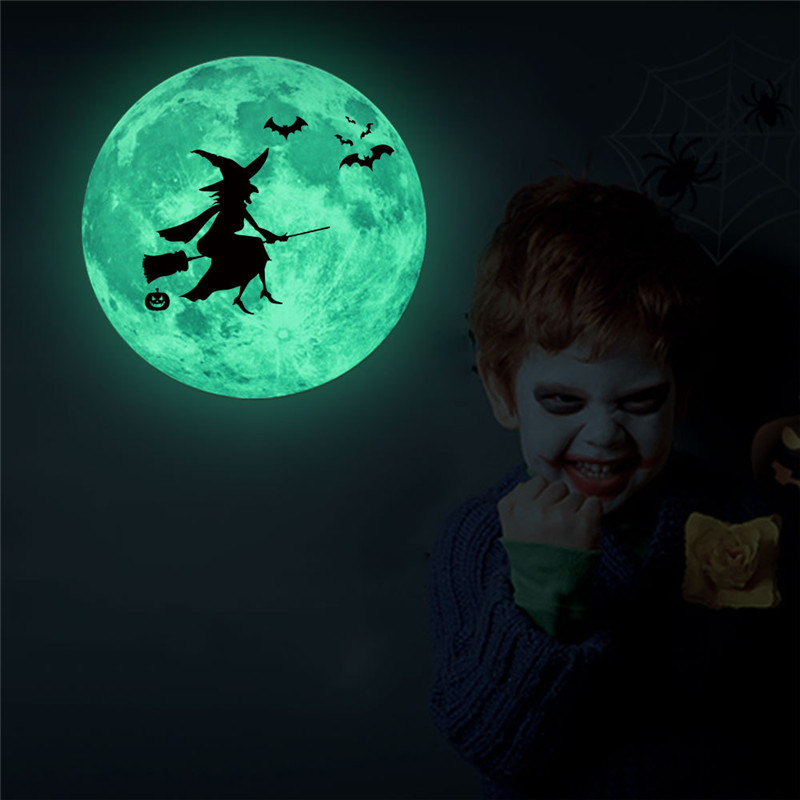 Halloween Luminous Sticker Witch Bat Moon Fluorescent Wall Mural Glowing In The Dark Wall Decal Children's Room Decor Wallpaper