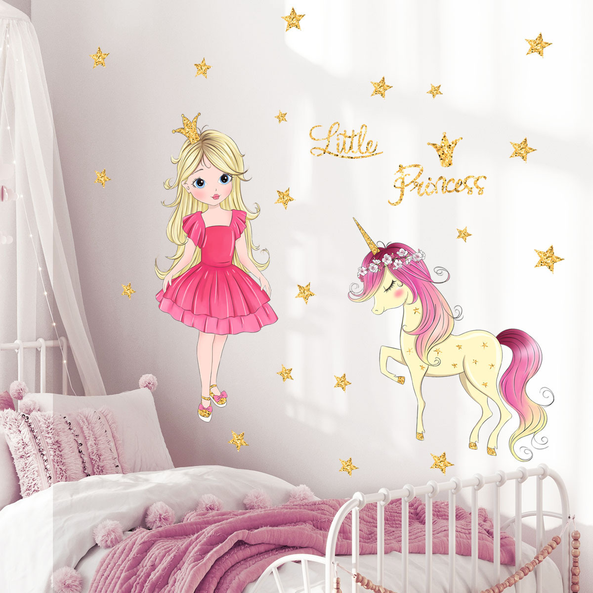 Gold Stars Pink Princess wildebeest wall stickers Living room children's bedroom decorative wallpaper self-adhesive stickers