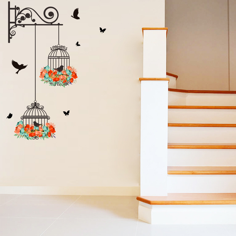 Blooming Flowers Birds Birdcage Stickers For Room Wall Creative Bedroom Home Decor Living Room Decorative Decals