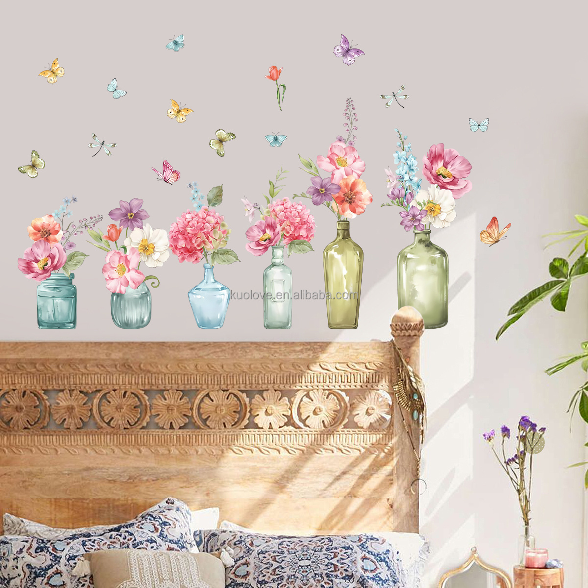 ins Plants Flower vase Butterfly wall stickers bedroom living room decoration wallpaper Self-adhesive wall stickers