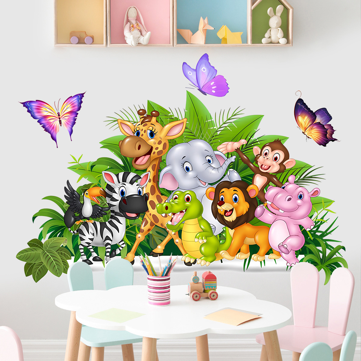 Cartoon Elephant Lion Animal Sticker Butterfly Parrot Children's Bedroom Classroom Wall Decoration Sticker Wallpaper