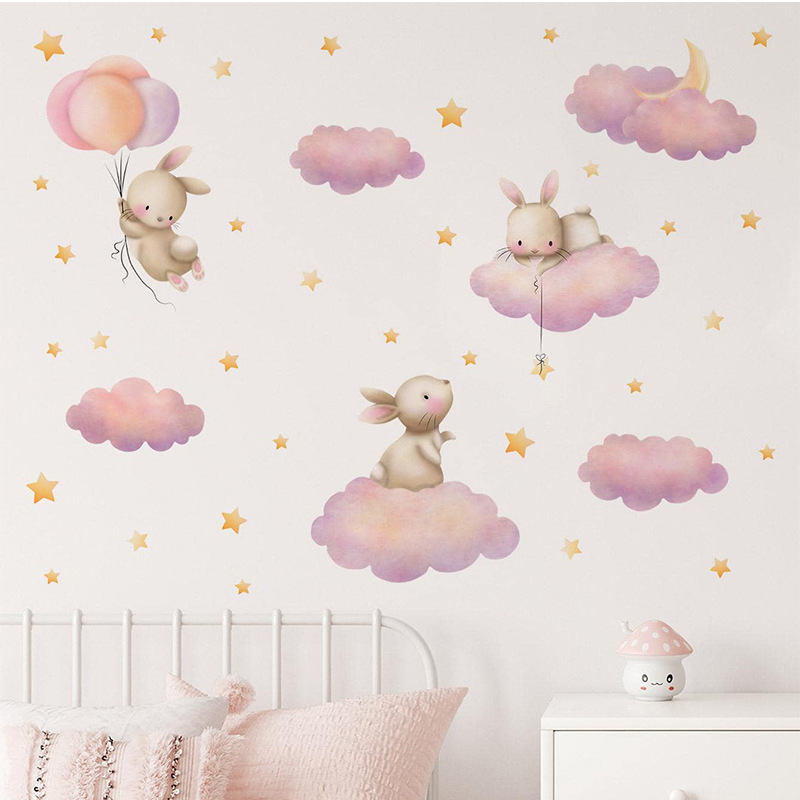 Dream Bunny Cloud Stars PVC wall stickers Baby bedroom living room decoration Self-adhesive stickers wallpaper