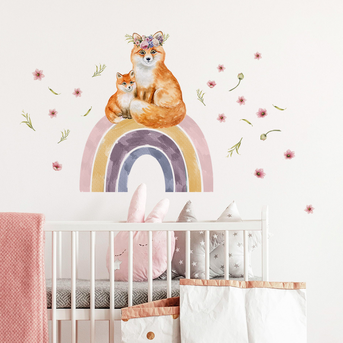 Fox Rainbow Flowers  Wall Sticker Self-adhesive And Removable Wallpaper Living Room Decals