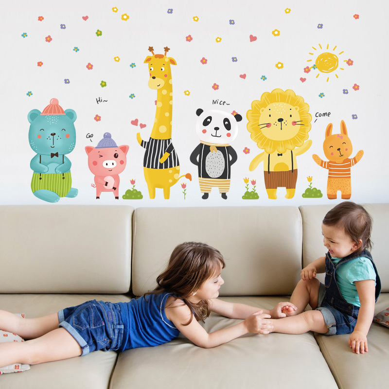 Cartoon Animals Panda Lion Giraffe Sticker For Kid's Room Wall Colorful Small Flowers Wallpaper Cute Children Bedroom Wall Decal