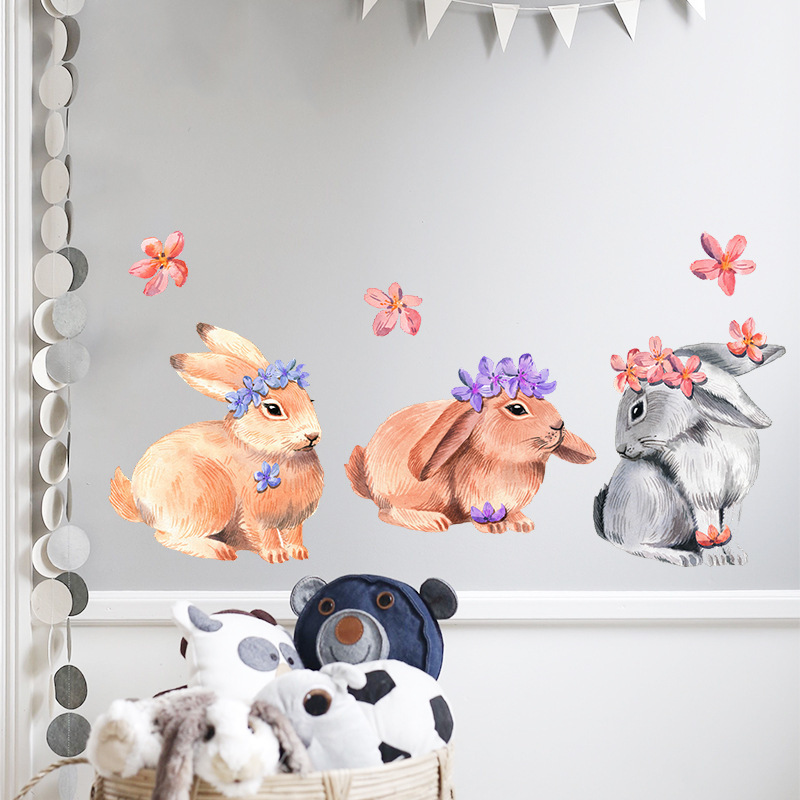 Rabbits With Pink Blue Purple Wreath Wall Stickers Brown And Gray Bunny Colorful Flowers Wallpaper For Baby's Room Decoration