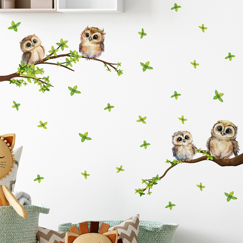 Painted Owl Wall Sticker Cartoon green plant branches and leaves Decals Living Room Decorative Wallpaper