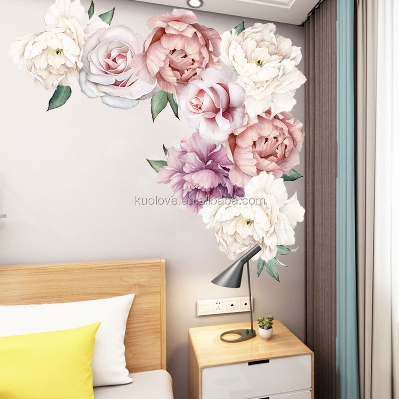 3D Wall Decal Chinese Flower Painting Wallpaper Pink And White Peony Walls Murals TV Backdrop Picture Glass Stickers For Women