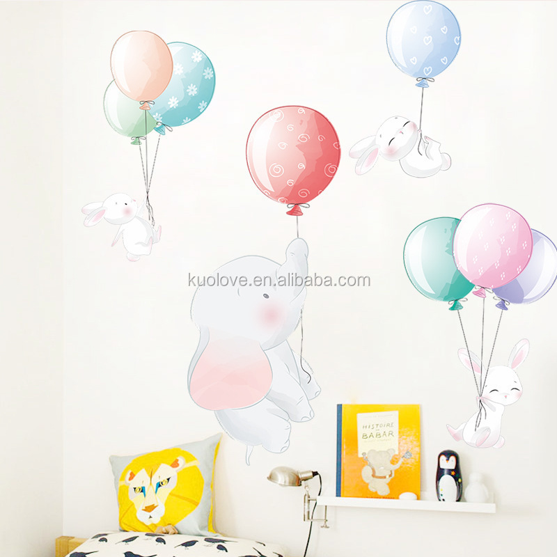 Creative Cartoon Calf Elephant Bunny Wall Decal Colorful Balloons Wallpaper For Kid's Bedroom Cute Children Living Room Sticker