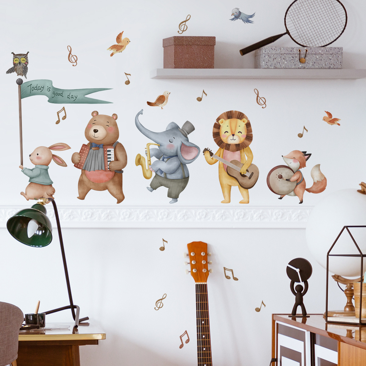 Cartoon Animal Band Wall Sticker Cartoon bird note Decals Living Room Decorative Wallpaper