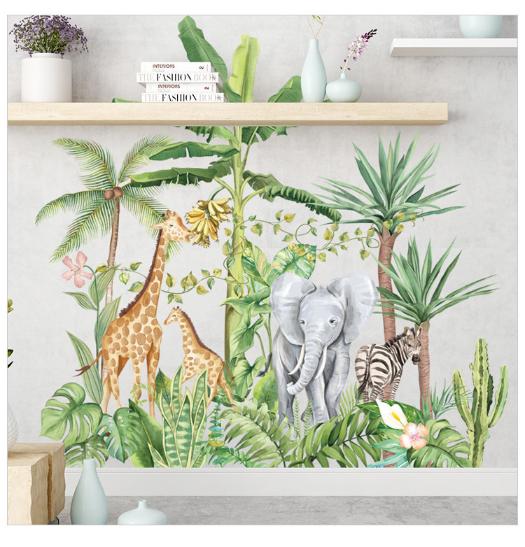 Green Tropical Plant Stickers Cartoon Elephant Giraffe Zebra Wallpaper For Kid's Bedroom Living Room Decorative Wall Decal