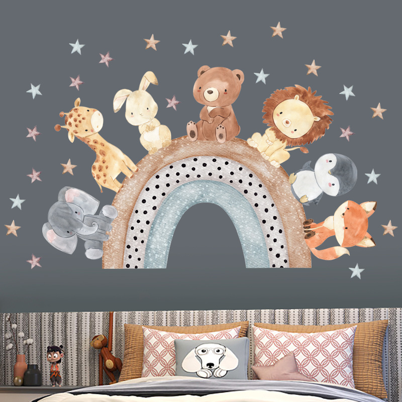 Lion Fox Rabbits Stickers Cartoon Animals Decals Rainbow Stars Bedroom Wallpaper Self Adhesive Living Room Decorative Murals