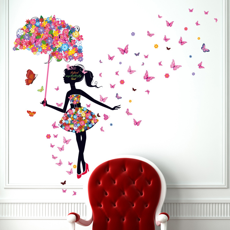 The Beauty With Colorful Butterflies Wall Stickers Elegant Women With Butterfly Dress And Umbrella Wallpaper Romantic Home Decor