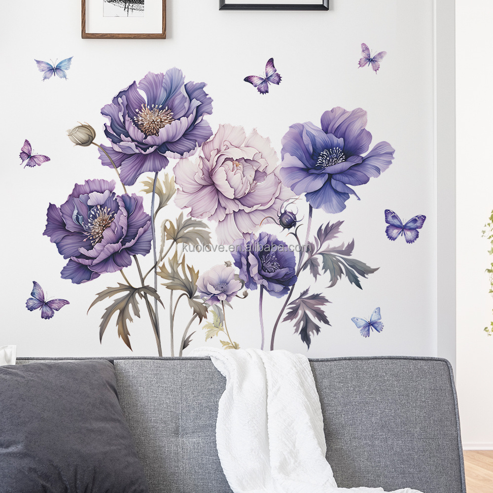 Beautiful Painted Purple flowers Butterfly wall stickers Living room bedroom decoration stickers self-adhesive PVC wallpaper