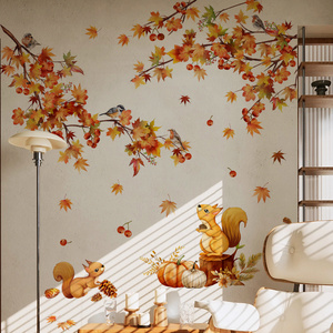 Maple leaves falling in autumn Wall Sticker Cartoon Squirrel Maple Leaf Branch Decals Living Room Decorative Wallpaper