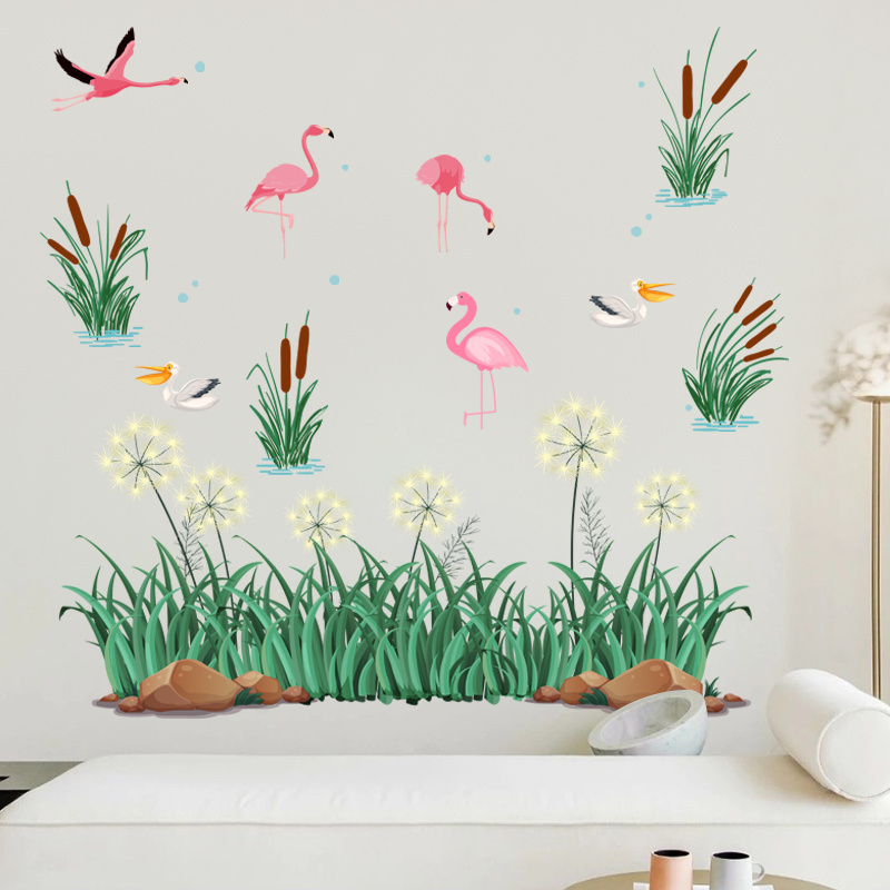 Hot Sale Pink Flamingo Stickers Green Grass Wallpaper Creative TV Background Decorative Decals Kid's Bedroom Wall Mural