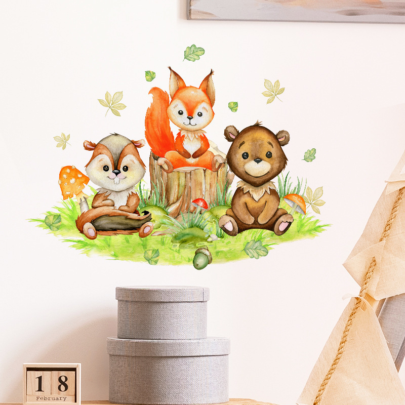 Cartoon animals Wall Sticker Cartoon Squirrel Fox Little Bear Decals  Living Room Decorative Wallpaper