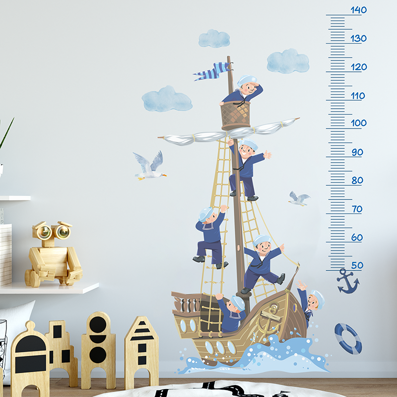 Sailboat Sailor Sticker Creative Kid's Height Wallpaper Self Adhesive Children Living Room Decorative Mural TV Background Decal