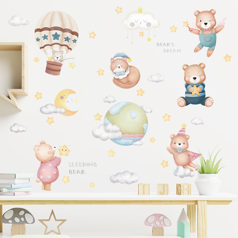 Cartoon Bear Wall Sticker Mushroom Hot air balloon star cloud Decals  Living Room Decorative Wallpaper