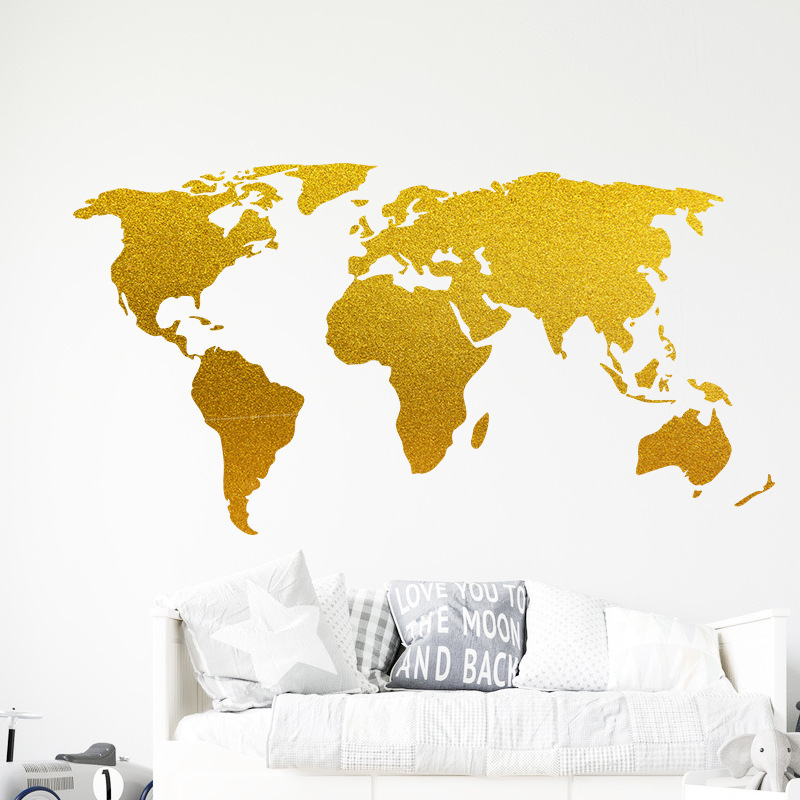 Gold World Map Wall Stickers Seven Continents Wallpaper For Kid's Bedroom Living Room Modern Style Home Decor Wall Decal