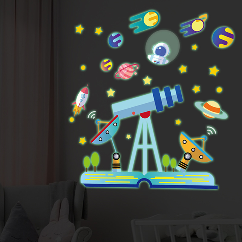 Cartoon Telescope Planet Wallpaper Luminous Stickers Home Decoration For Living Room Bedroom Sofa Background Decor Wall Decal